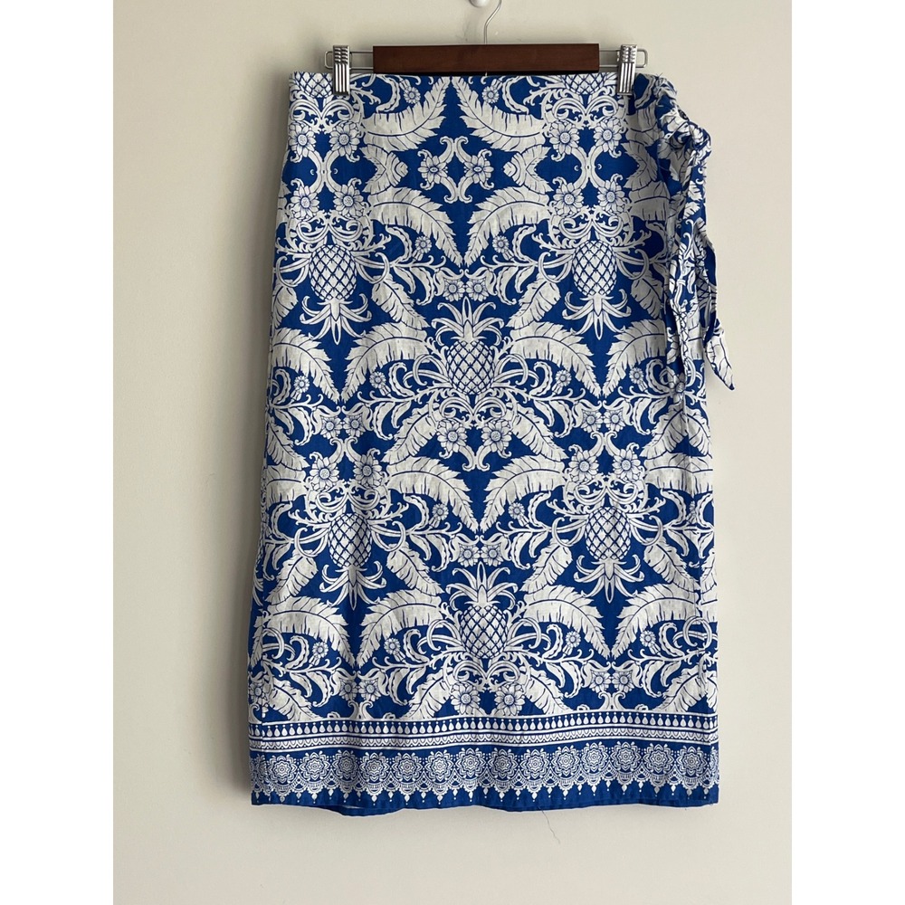Rachel Zoe Blue White Pineapple Damask Linen Blend Wrap Midi Skirt Large